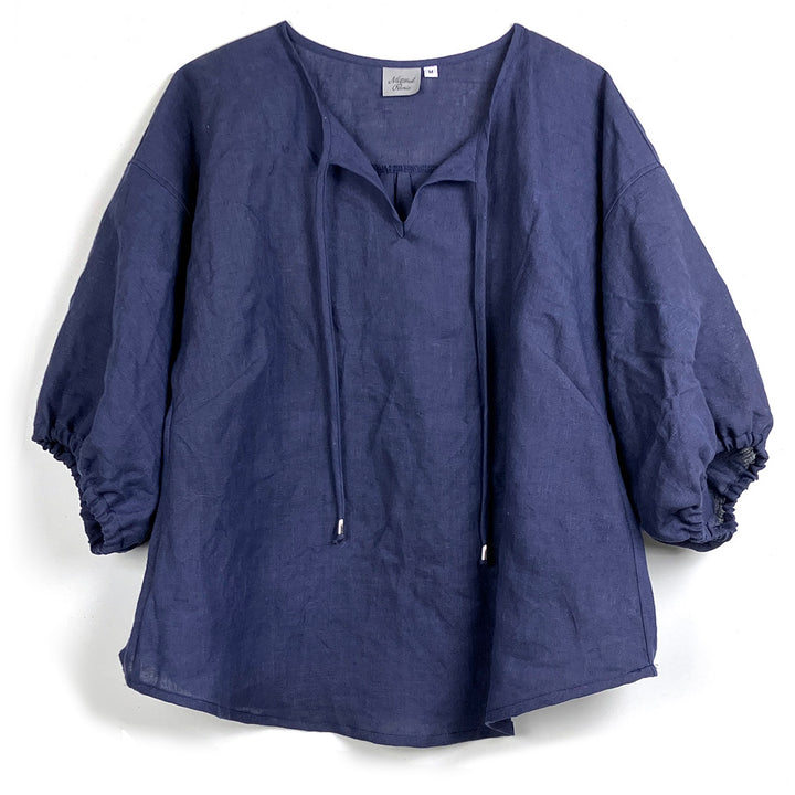 Linen Tie Neck Pouf Sleeve Blouse