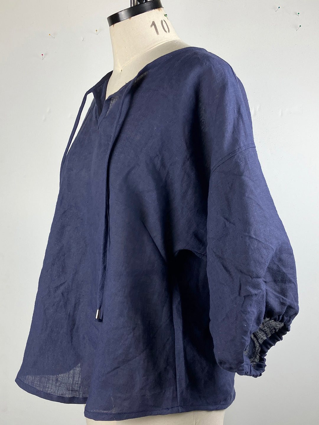 Linen Tie Neck Pouf Sleeve Blouse